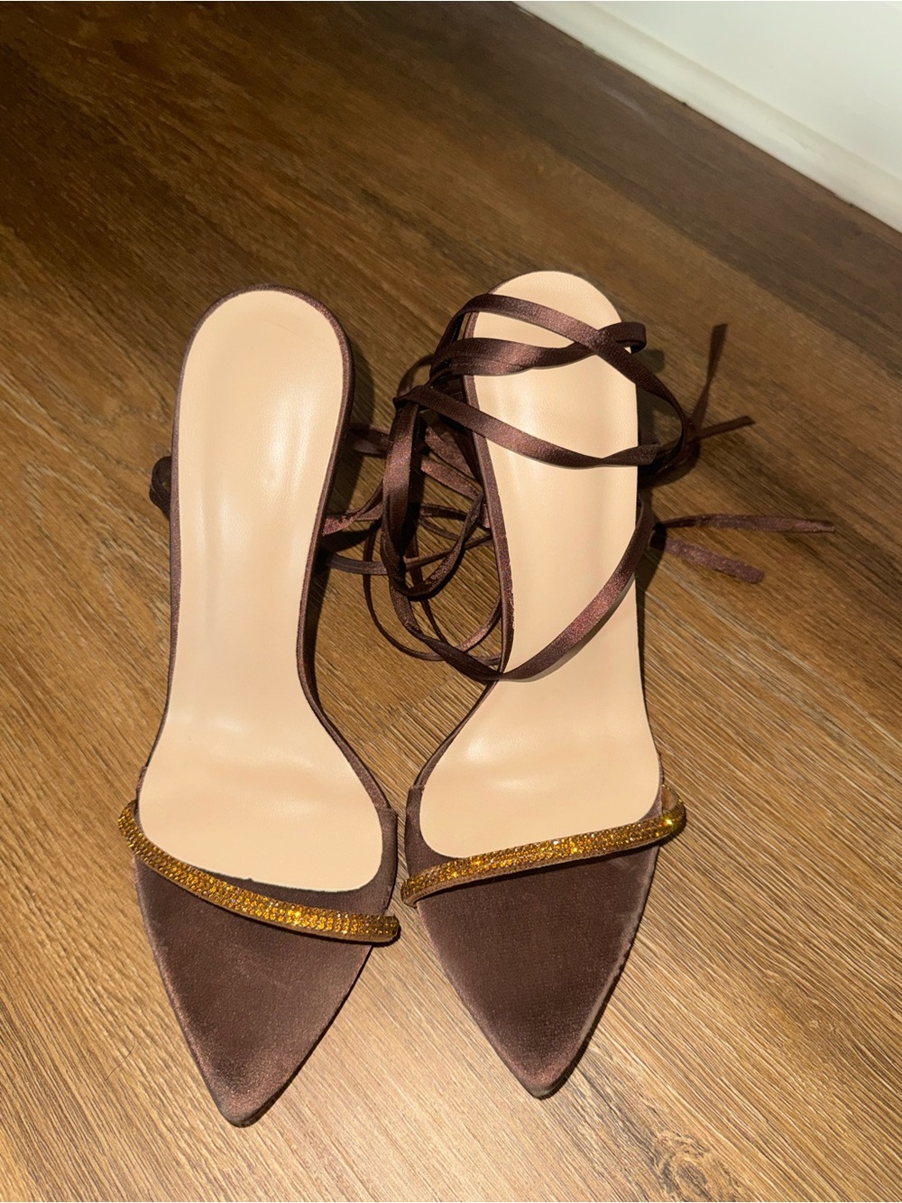 Chocolate Satin Pointed Toe Lace-Up Heels with Gold Trim
